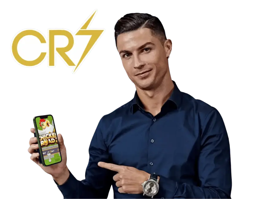 Cristiano Ronaldo holding mobile phone with Chicken Road app