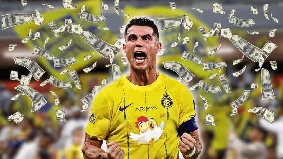 Dollars fall on Cristiano Ronaldo in a uniform with the Chicken Road logo